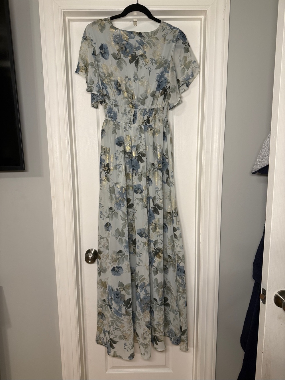 Baltic Born Lynlee Dress- Dusty Blue Floral Maxi Dress with Gold Accents - Picture 3 of 5